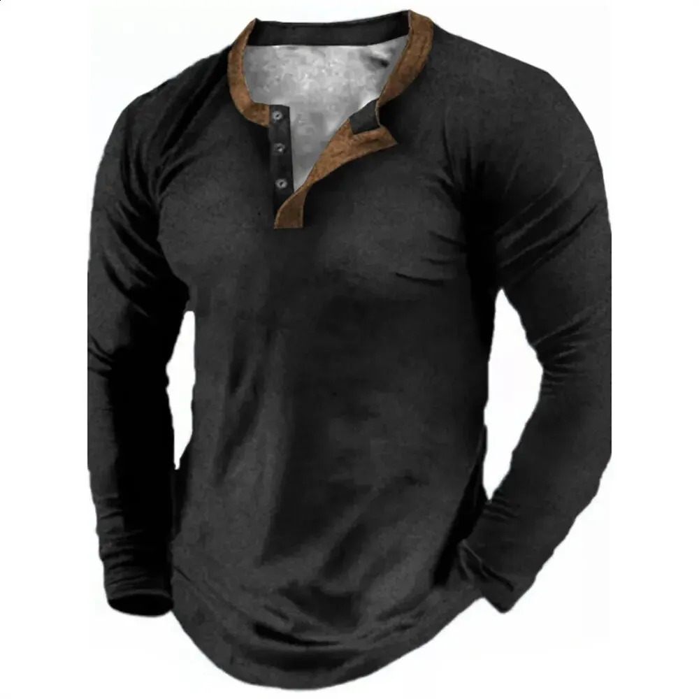 Couleur solide d'automne de printemps Henley Shirts 3D imprimé masque mode vintage bouton-bas à manches longues t-shirt tees thes tops vêtements2