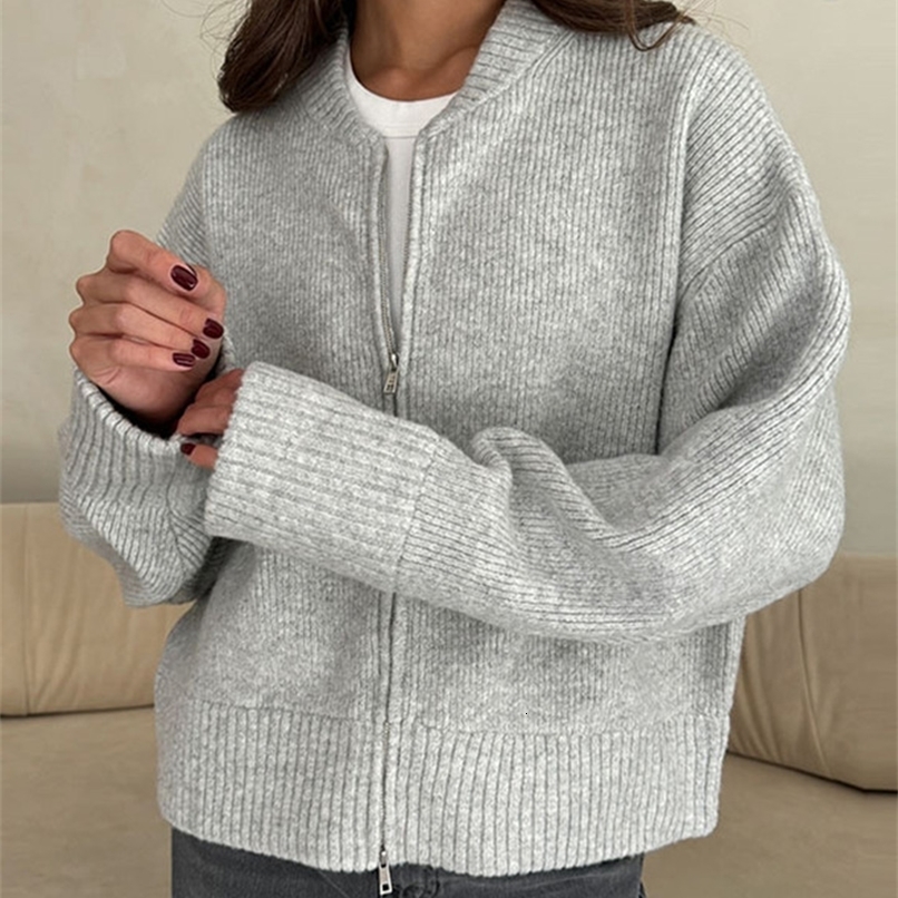 Vintage Knit Women Cardigan Casual Full Sleeve Zipper O Neck Pleated Solid Lady Sweater 2025 Autumn Fashion Female Knitwear250822