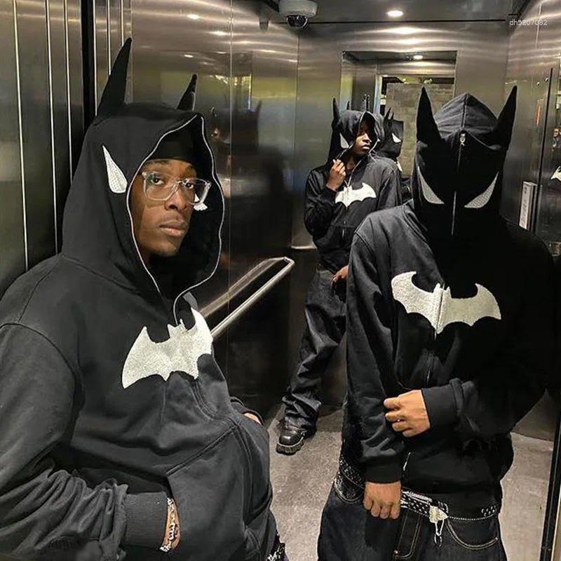 Men's Hoodies Gothic Bat Cartoon Flocking Print Hoodie Hip Hop European American Personality Fashion Street Men Full Zipper Sweatshirt