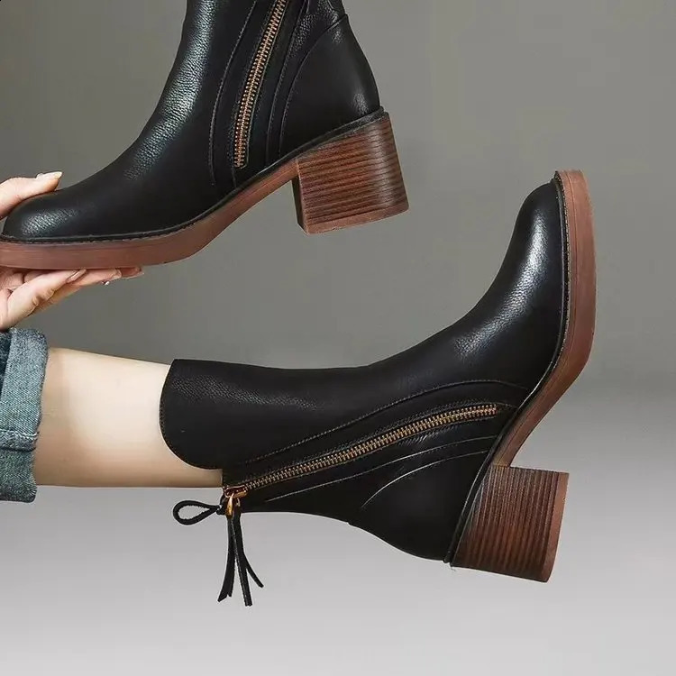 Woman Mid Calf Boots Women Zipper Chunky Heels Female Footwear Ladies Leather Short Boots Fashion Womens Shoes Botas De Mujer 250821