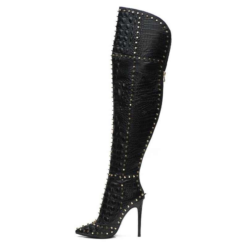 Luxury Design Women Genuine Leather Shoes Women High Heel Thigh High Boots Studded Stiletto Long Tall Boots Shoes Woman Botines Mujer Larger