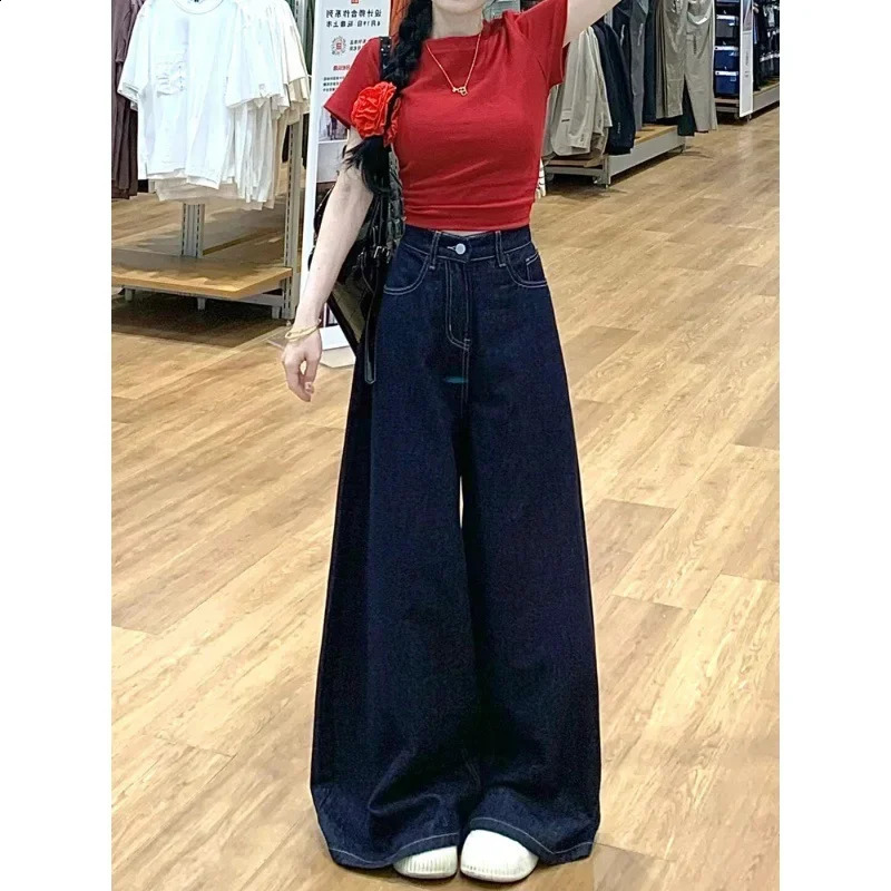 Vintage High-Waisted Wide-Leg Jeans Skirt American Style For Women Summer Loose-Fit Slimming Versatile Straight-Leg Trousers 250818