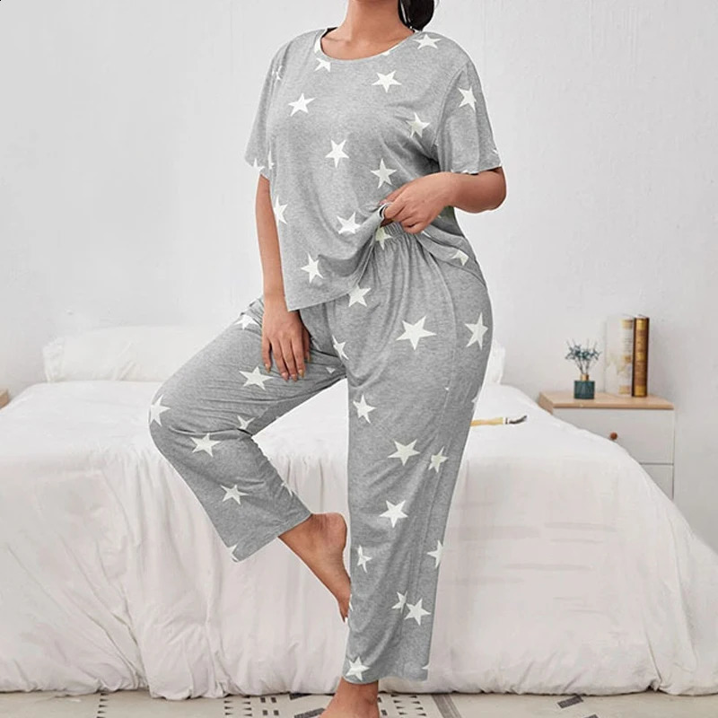 Pyjamas de grande taille 5xl pour femmes automne d'été Pyjama coton en coton ensemble à manches courtes sur imprimé lâche Pijama250821