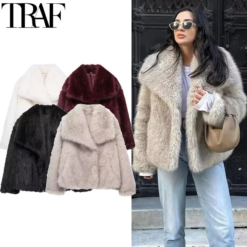 TRAF Woman Autumn Winter Faux Fur Coat Plush Fluffy Womens Jacket in Outerwears White Red Gray Black Wool Blends Coats 250822