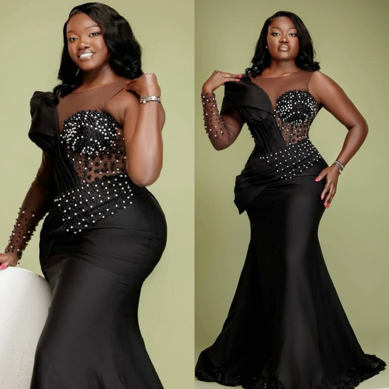 Plus Size Black Aso Ebi Prom Dress 2025 Mermaid Formal Gowns Illusion Sheer Neck Illusion Pearls Beaded Robe De Soiree Pearls Birthday Second Recept