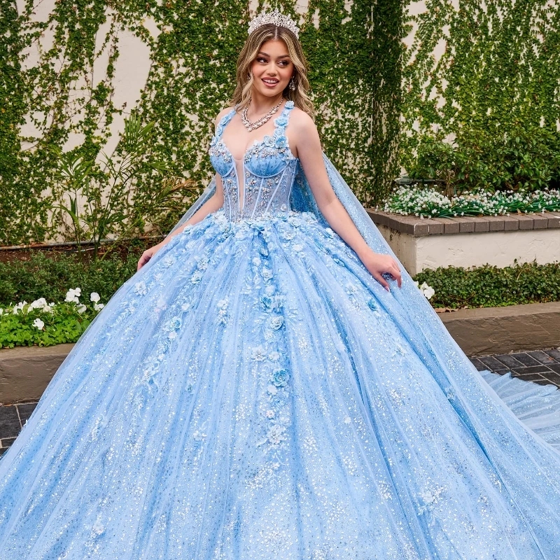 Ciel bleu brillant princesse quinceanera robe balle de bal de l'épaule applique fleur perle corset sweet 16 vestido 15 de anos