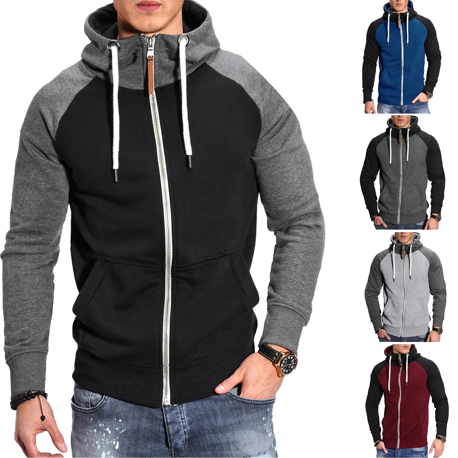 Mens Hoodies Long Sleeve Sweatshirts for Men Zipper Hooded Pullover High Neck Mens Sweatshirt Top Jacket Coat Black Sweater 250819