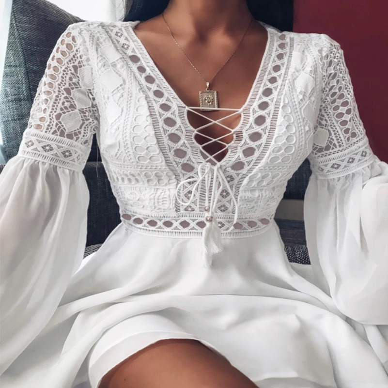 Womens A Line Dress Short Mini Dress White Black Red Long Sleeve Solid Color Ruffle Patchwork Chiffon Spring Summer Slim V Neck 250822