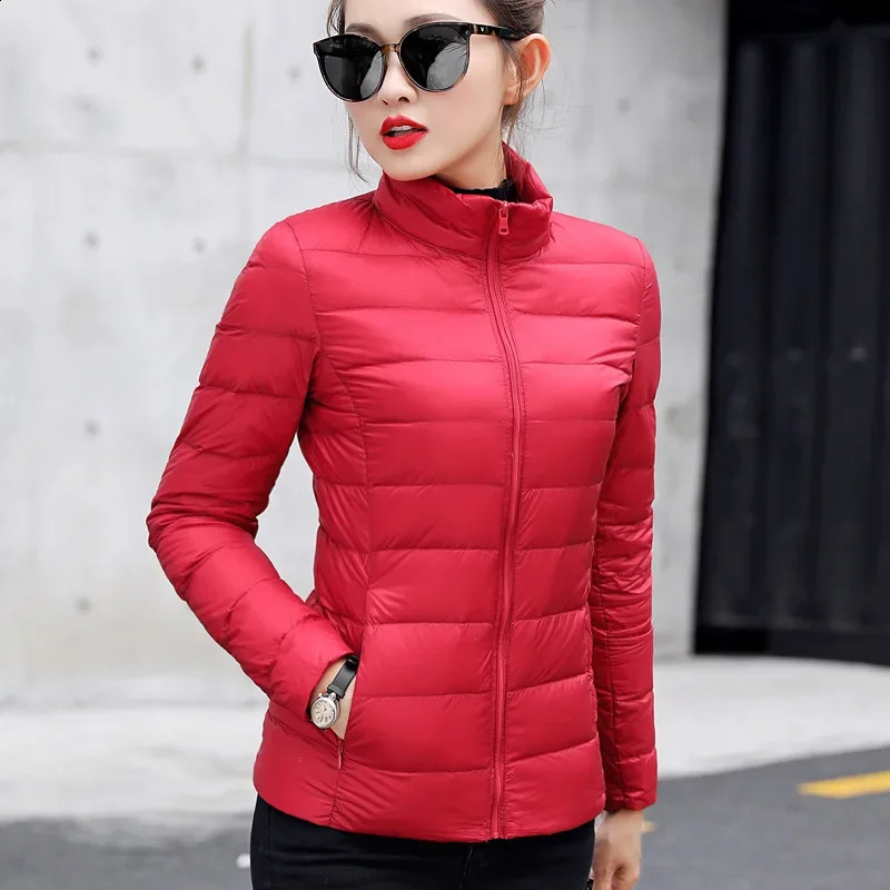 Demi-season Jacket Women Autumn Warm Light Duck Down Puffer Coat Female Casual Stand Collar Pocket Office Lady Slim Jackets250821