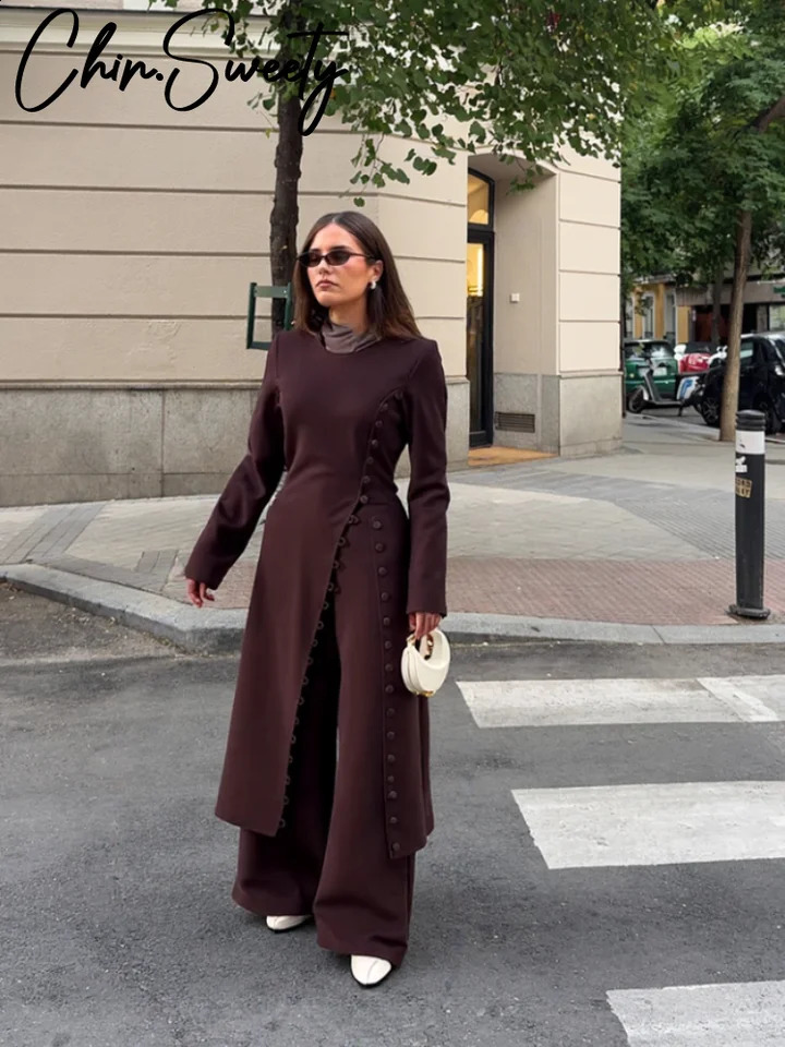 Vintage Single Breasted Shirts Pants Set Women Brown O-neck Full Sleeve Long Shirt Loose Trouser 2025 Autumn Solid Lady Suit 250822