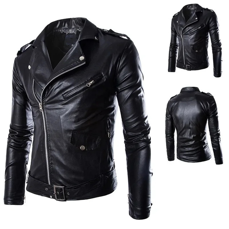 Fashion PU Leather Jacket Men Buckle Zip Lapel Collar British Black White Punk Rock Outwear Coats 250822