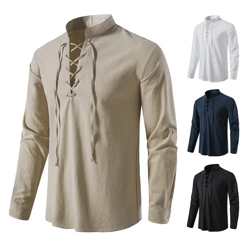Medieval Mens Long Sleeve Cotton Linen Shirt Casual Stand Collar Shirt European And American Cross-Border Drawstring Shirt250821