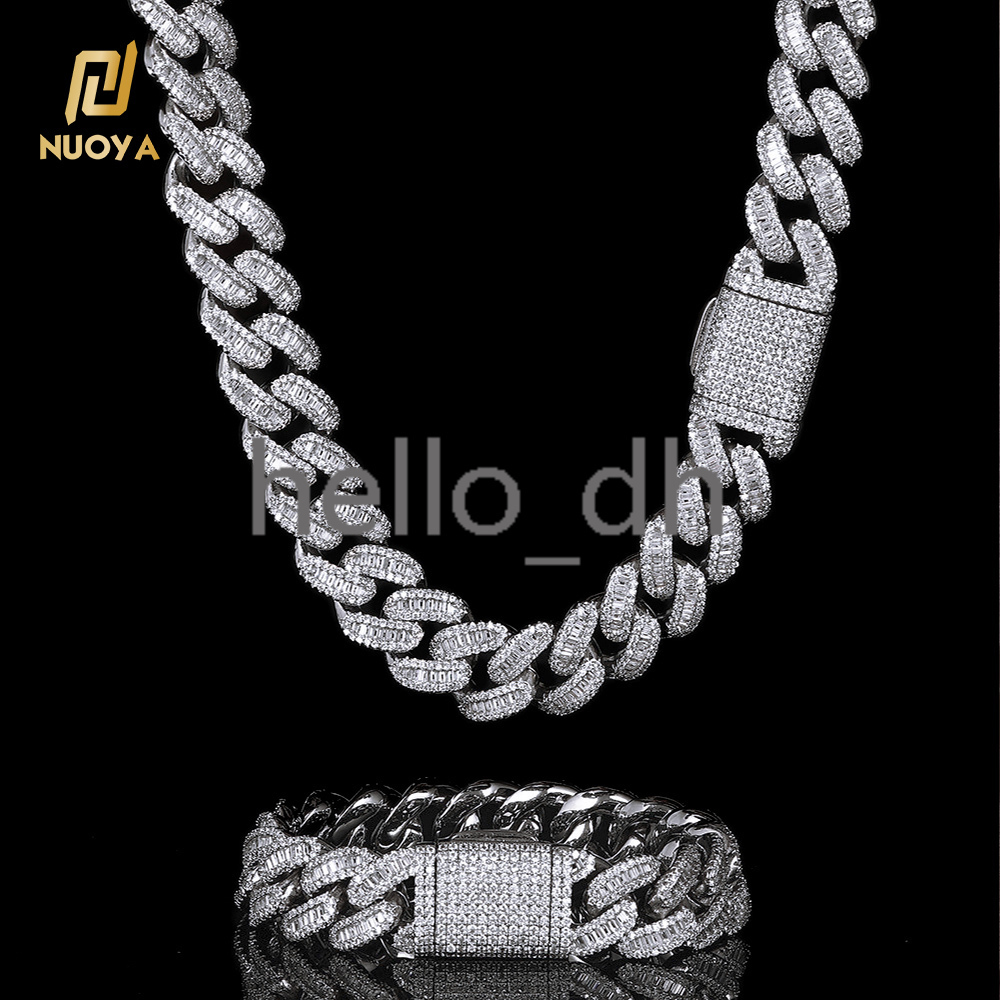Luxury Hip Hop Style Cuban Necklace Bling Baguette Diamond Cuban Chain Silver Plating Iced Out Miami Cuban Link Chain