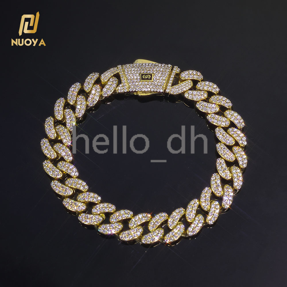 Mens Hip Hop Bracelet S925 Sterling Silver Iced Out Cuban Link Chain 12mm 2 Row VVS Moissanite Jewelry Gift