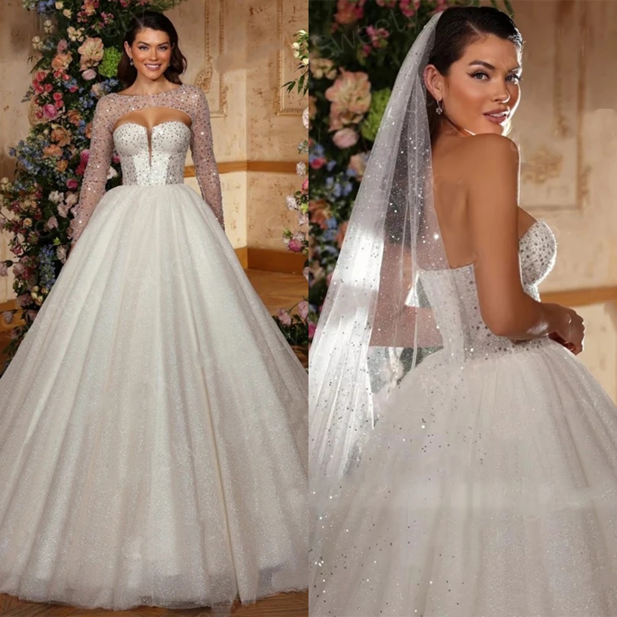 Sparkly A Line Women Wedding Dress Jewel Neck Long Sleeves Bridal Gowns Sequins Sweep Train Dress Customized vestidos de novia