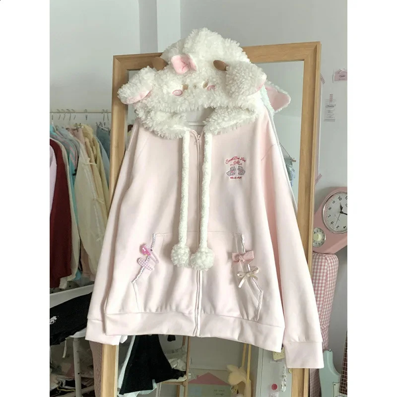 Vintage Kawaii Long Sleeve Loose Coat with Hooded Women Japanese Cute Zipper Sweatshirts Female Casual Y2k Jacket Overcoat Chic 250819