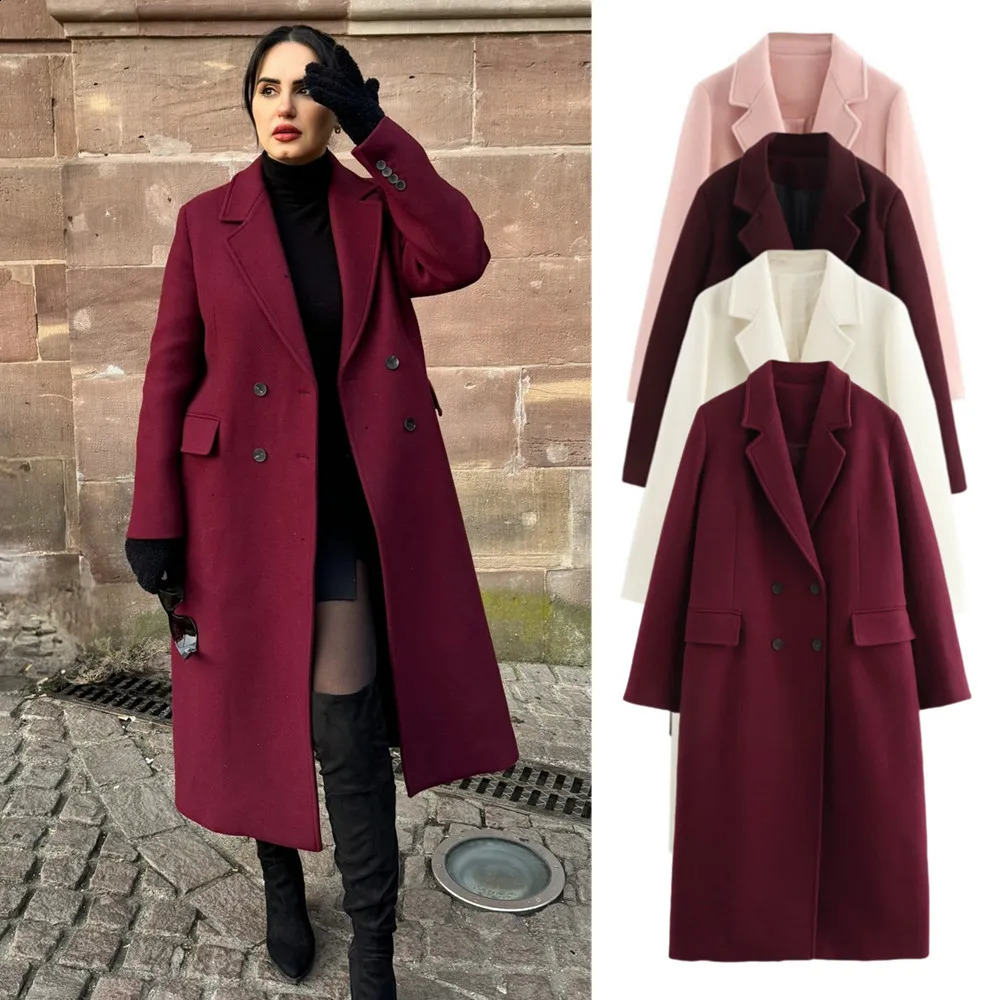 BSK TRAF autumn and winter womens simple and fashionable double-breasted casual lapel woolen coat250821
