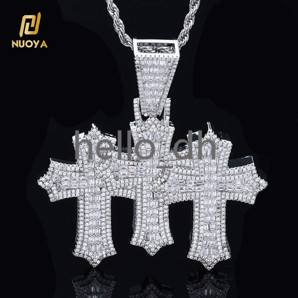 High Quality 3-in-1 Micro Pave Bling Baguette moissanite moissaniteia Cross Pendant Silver Gold Plated Brass Diamond Charm Pendants