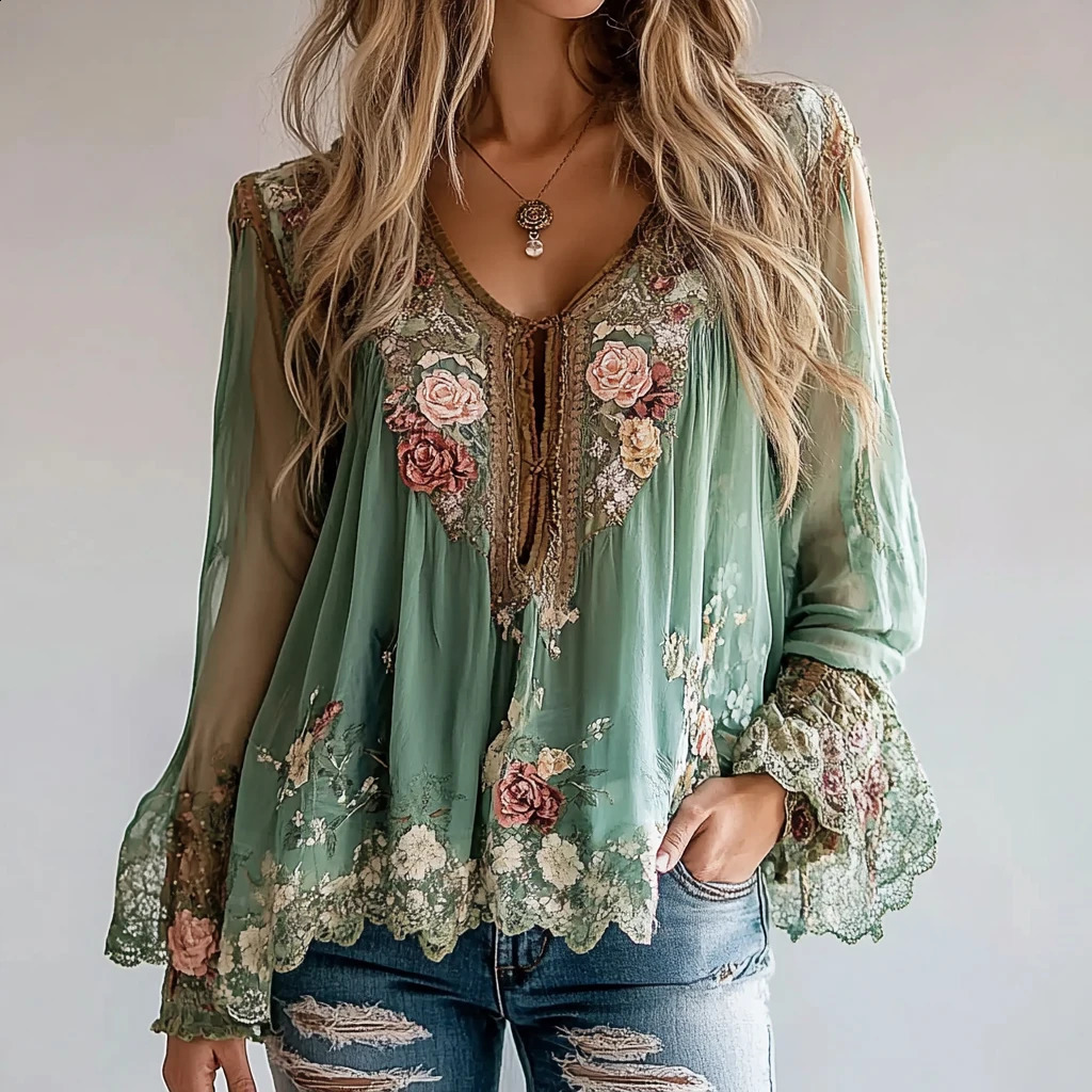 Autumn Womens Blouse V-neck Long Sleeve Floral Print See-through Sleeves Shirt Splicing Asymmetrical Hem Loose Blouse 250822