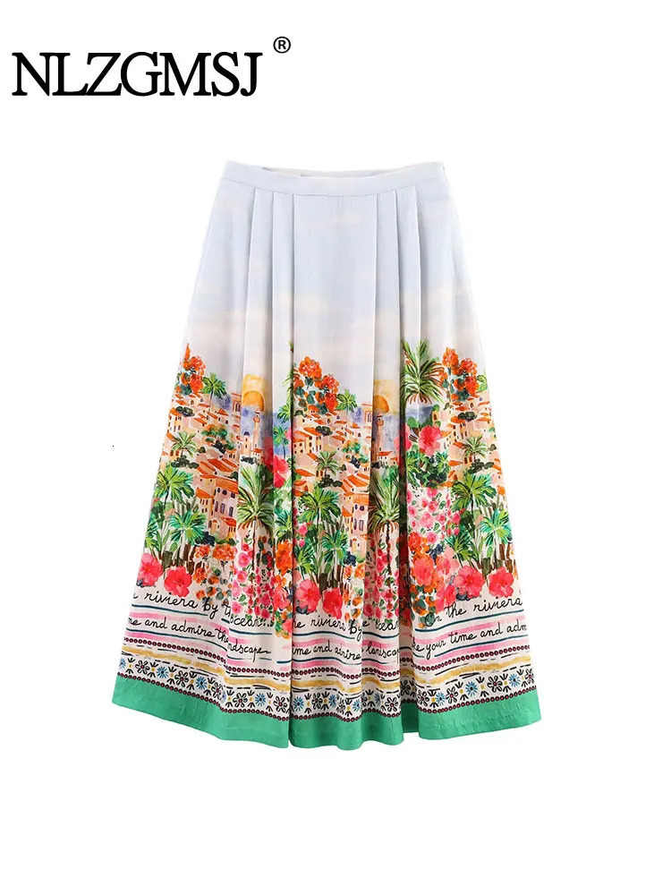 TFAFXY Summer Printed Pleated Long Skirts For Women Ruffled Elegant Womens High Waist Casual Loose Midi Skirt 250822