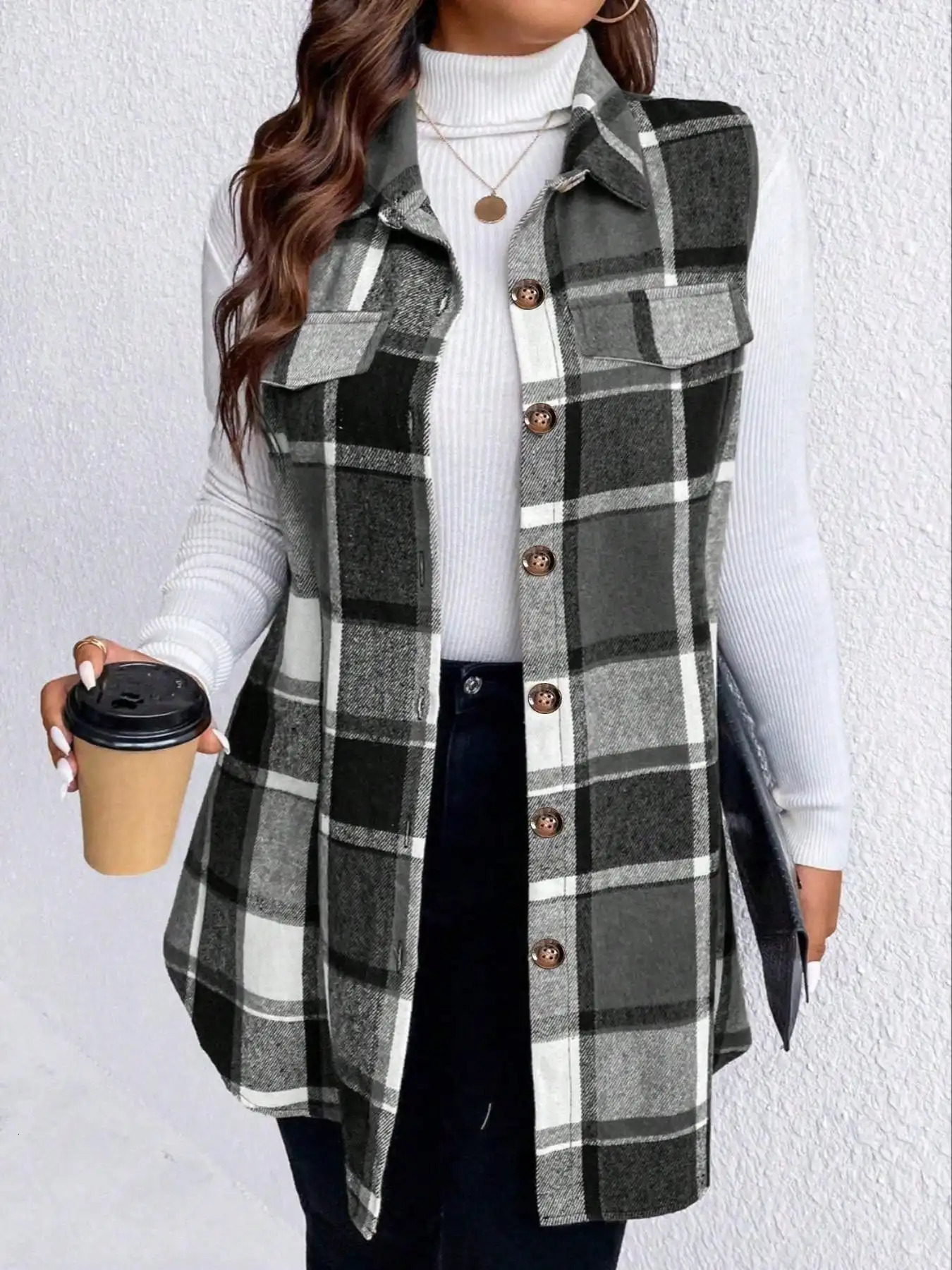 Women Plus Size 1XL5XL Plaid Print Flap Detail Sleeveless Coat Ladies Fashion Thick Thermal Vest Outwear 250822