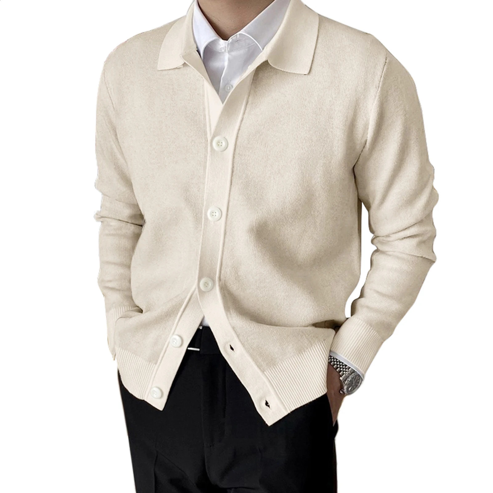 Mens Autumn Winter Knitwear Coat Long Sleeve Lapel Button Up Solid Color Cardigan Sweater 250813