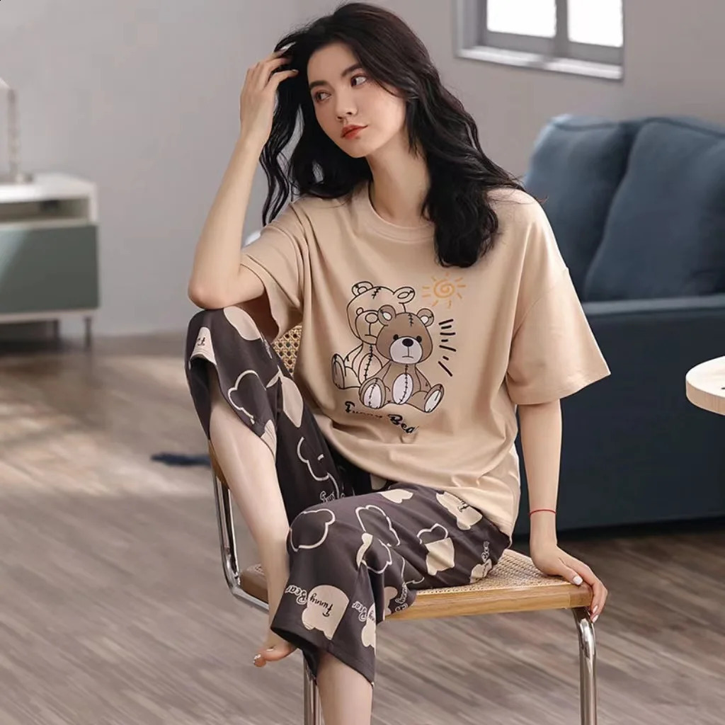 Été pour dames pyjamas Sendons de maison de pyjamas à manches courtes pour femmes Summer Simple Korean Cartoon lâche grande taille Homewear250821