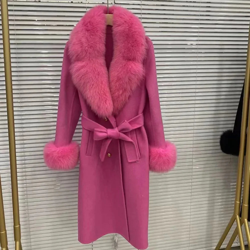 Women Wool Cashmere Blended Coat 2024 double breasted Belt Outerwear Cuff Long Real Fox Fur Collar Fashion Winter Jacket250821