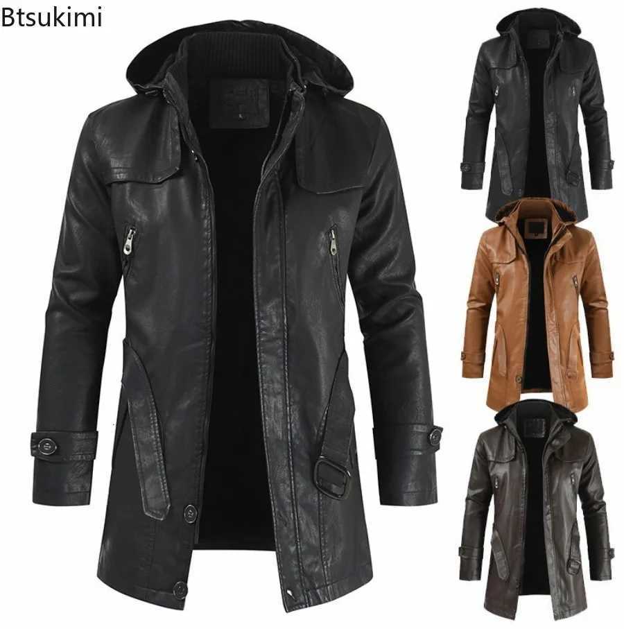 Mens Winter Leather Motorcycle Leather Korean Fashion Jacket Coat Windproof Clothes Mens Hooded Medium Long Windbreaker Coats X250822