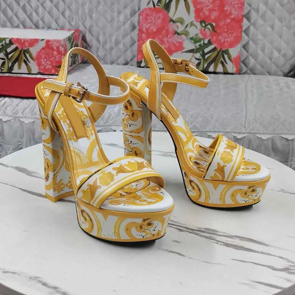 Kiera Tile-print leather Platform Sandals high-heeled ankle strap chunky heels block Heel 155mm open-toes dress shoes Women's Designer shoe fac