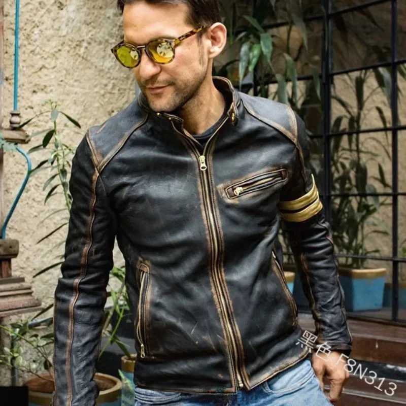 Men Slim Stand Collar Motorcycle Jacket Autumn Winter Faux Leather Jacket Men Vintage Printed Long Sleeve Zipper Cardigan Coat X250822