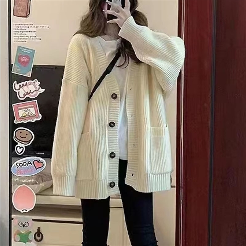 Autumn Winter Women Cardigan Sweater Coats Fashion Female Long Sleeve V-neck Loose Knitted Jackets Casual Sweater Cardigans250821