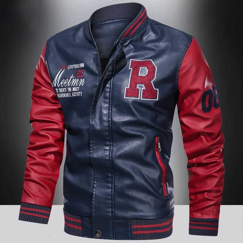 Spring and Automne Mens Motorcycle Suit en cuir Veste Couleur bloquant le collier de baseball américain Pilote Pu Casual Pu Leather Veste x250822