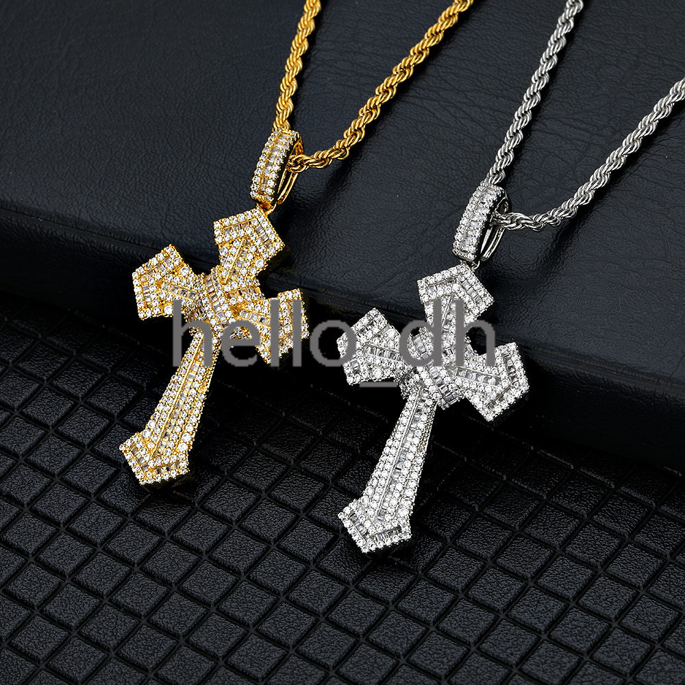 Fashion Jewelry Iced Out Cross Pendant Bling Baguette moissanite Stone Gold Silver Plated Jesus Cross Pendant