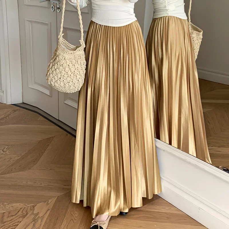 REALEFT Retro Solid Pleated Maxi Skirts for Women 2025 Spring Summer Elegant Slim Casual A-line Satin Womens Skirts250821