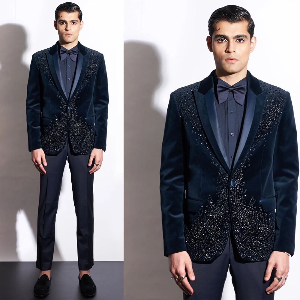 Trim Fit Wedding Tuxedos Peaked Lapel 2 Pcs Beaded Men Suit Handsome Single Breasted Evening Prom Grooms Blazers Customized
