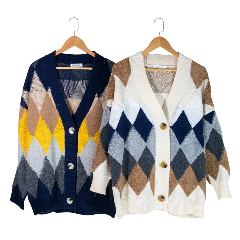 Plaid Chic Cardigans Button Puff Sleeve Checkered Oversized Womens Sweaters Winter Spring Sweater Tops 250818