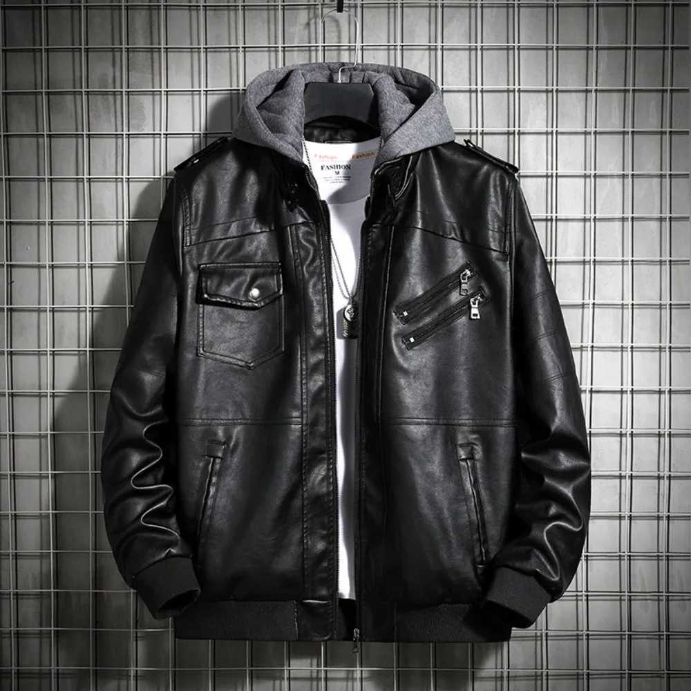 Hooded Leather Jacket Mens Jacket Winter PU Leather Coat Teenage Jackets Mens Motorcycle Leather Coat Harajuku X250822