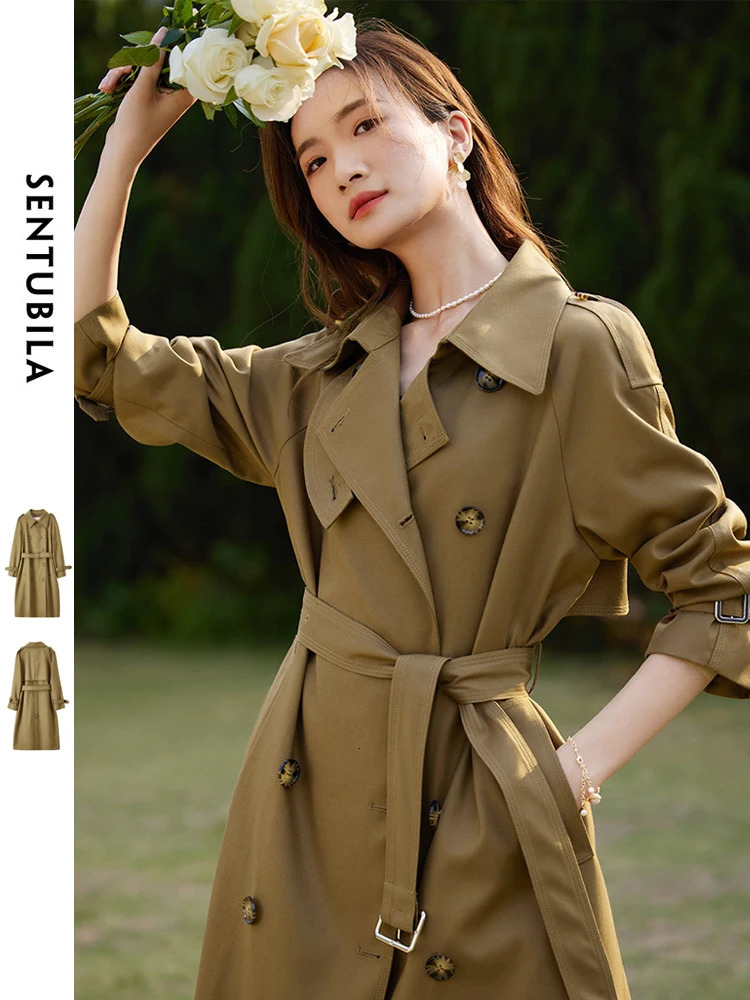SENTUBILA Womens Belted Trench Coat Elegant Long Windbreaker Jacket Autumn Winter Double Breasted Maillard Outerwear 123F42871 250822