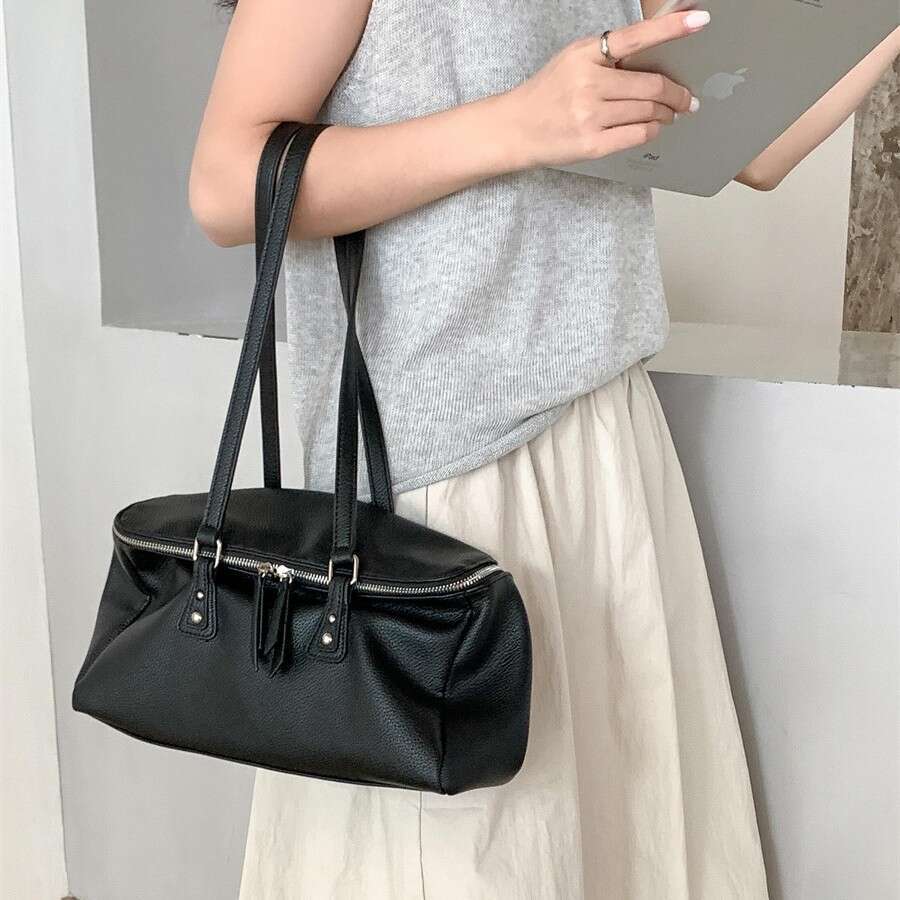 New Handheld Shoulder Women, Large Capacity Commuter Bag, Soft Leather Double Zipper Boston Pillow Bag For Women B5