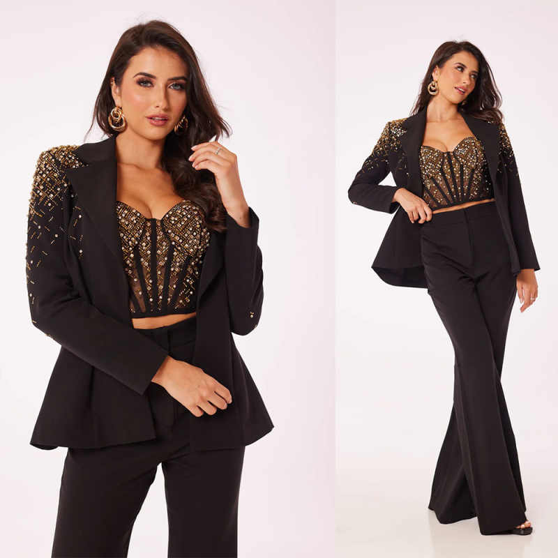 Élégant 3 pièces pour femmes combinées en cristal perles veste blazers anniversaire fête des tenues de bureau slim fit du travail de travail pers
