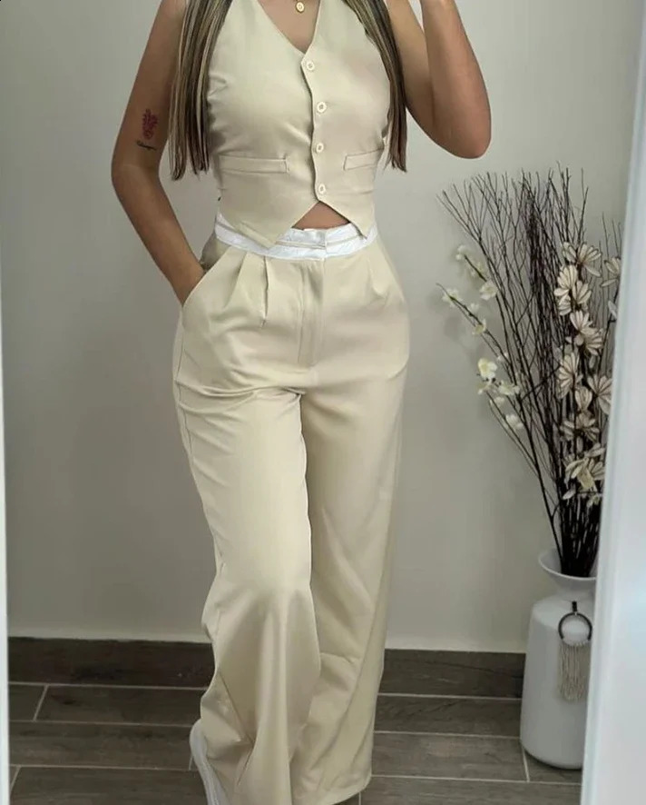 Selling 2 Psc for Women Summer Casual Simple Solid Color Sleeveless V-Neck Buttoned Vest Top Pocket Pants Set250821