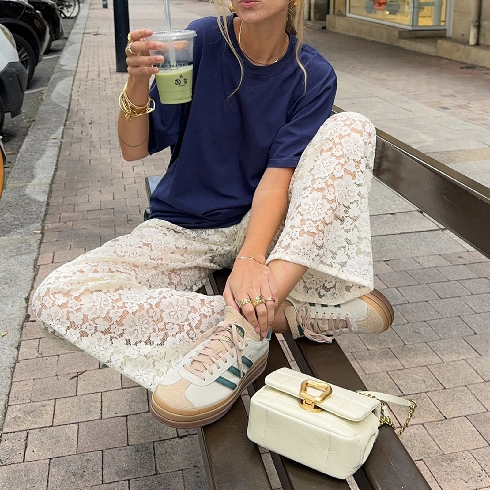 Pantalons de jambe à jambes larges de femmes vintage Contrôle de taille haute en dentelle lâche pour le bureau de travail y2k streetwear esthétiq