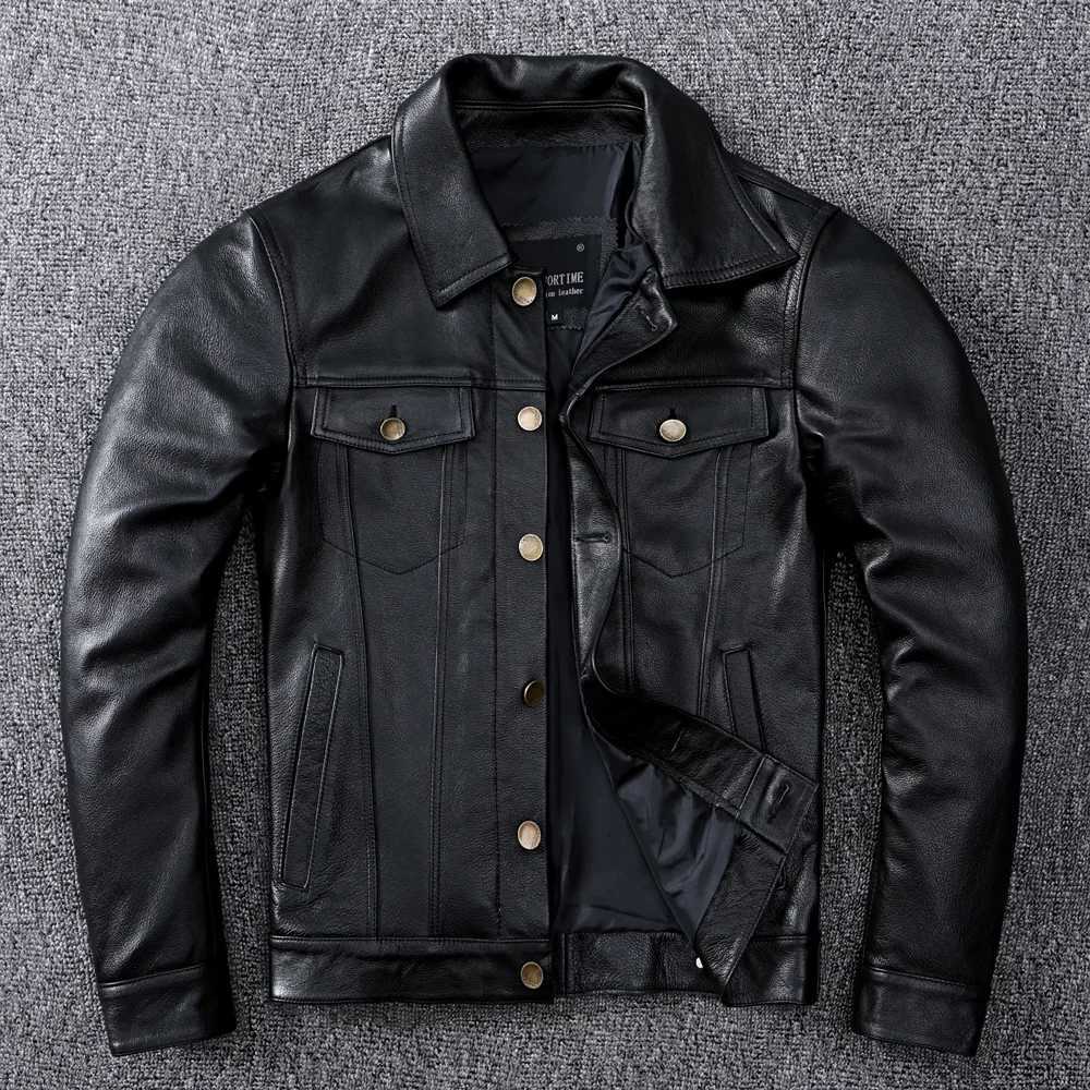 Spring Denim Genuine Leather Jacket Classic Slim Cowhide Button Coat Plus Size 5XL Mens Fashion Leather Clothing X250822