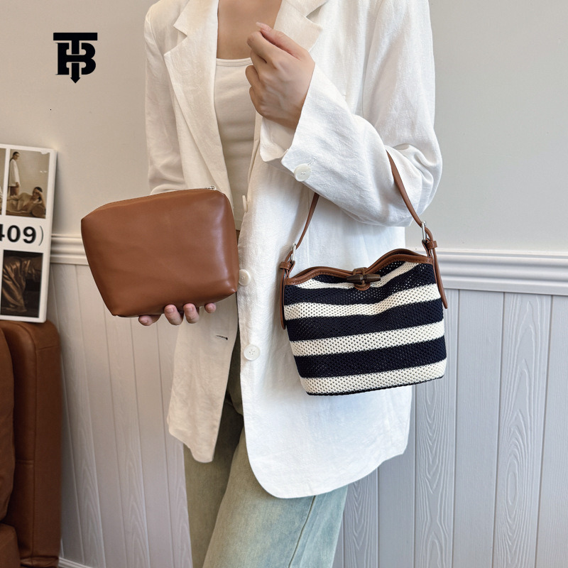TB BHULAMTE Women's Striped Underarm Shoulder Bag, Woven Cotton Fabric, Medium Barrel-Shaped Crossbody Purse with Cell Phone Pocket, Brown and Black
