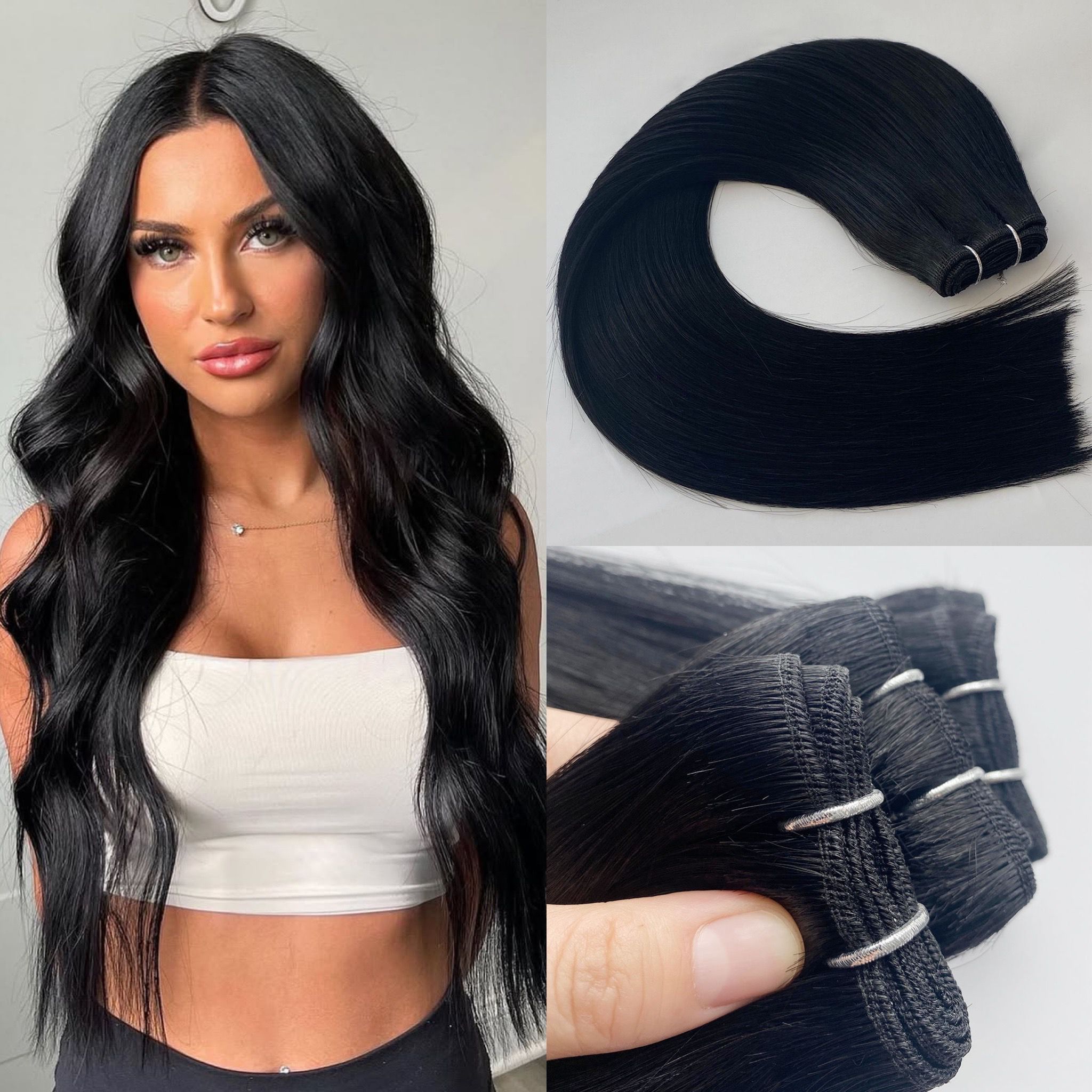 Longs cheveux raides Tour 100% extensions de cheveux humains russes # 1 Jet Black Machine Waft Hair Waft 100g