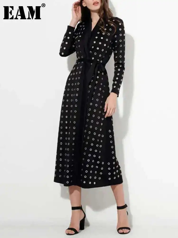 EAM Black Hollow Out Long Casual Trench Women Lapel Sleeve Loose Fit Windbreaker Fashion Spring Autumn 15KB4353 250822