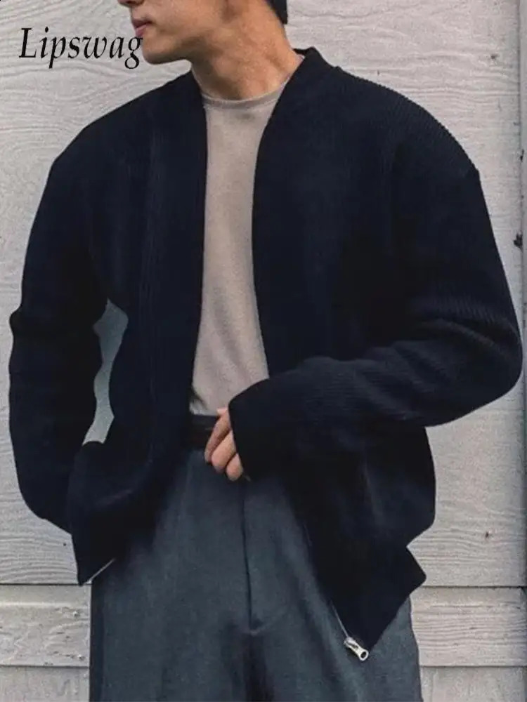 Vintage Zipup Crew Neck Knit Cardigans Mens Fashion Solid Color Knitting Jacket Coats Men Fall Casual Long Sleeve Slim Jackets 250813