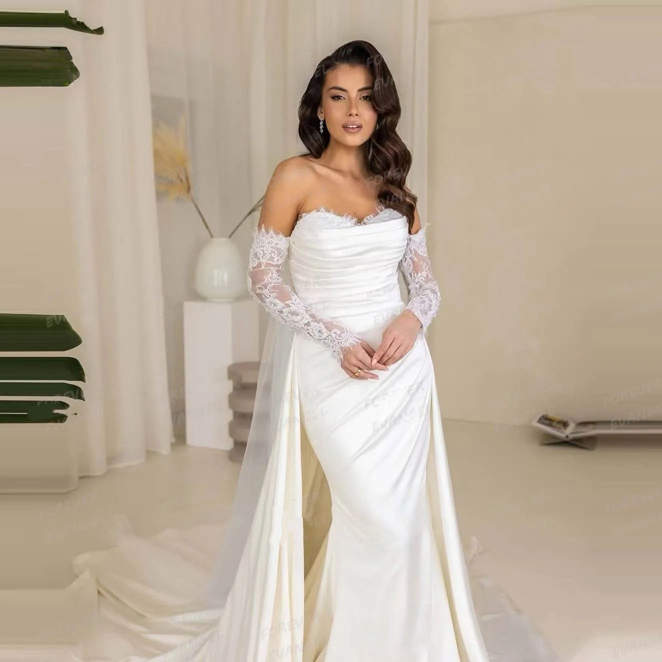 Robes de mariée simple princesse élégante Satin sirène hors épaule robe nuptiale femme à manches longues
