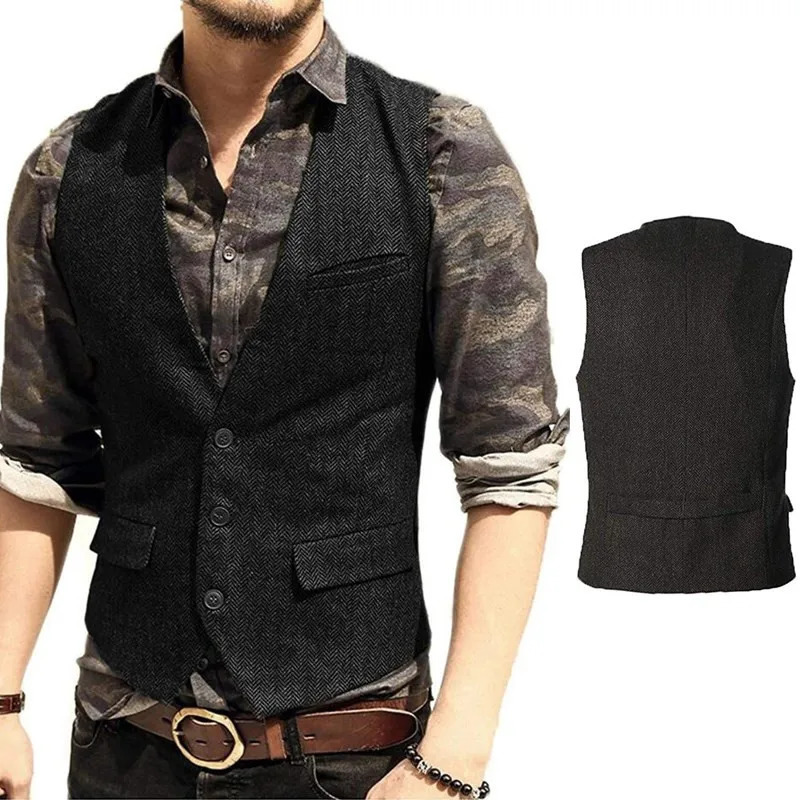 Deep VNeck Suit Vests Classical Formal Business Herringbone Wood Waistcoat Slim Fit Mens Vest For Wedding 250822